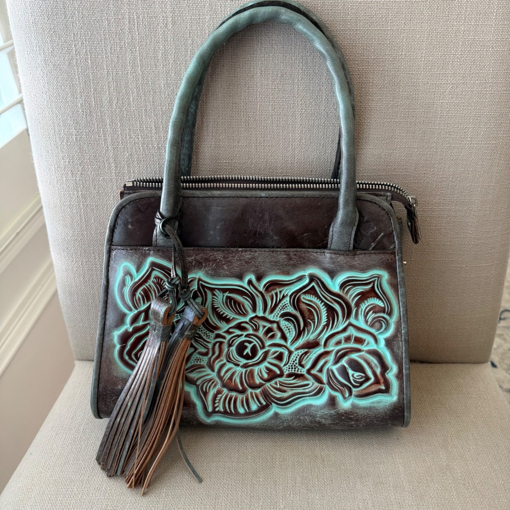 Patricia Nash Turquoise Tooled Leather Floral‎ Satchel Bag P018133 Brown Tassel
